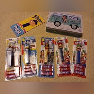 PEZ collectibles.Mario. Luigi. Wonder Woman. Sonic the Hedgehog.Collector's tin.